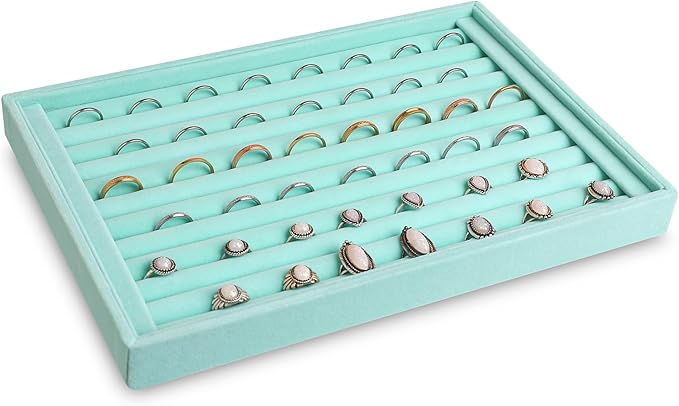 Frebeauty Stackable Velvet Jewelry Organizer Trays for Drawers Inserts Jewelry Storage Tray Display Case, Stud Earrings Bracelets Necklace Rings Accessories Trays for Women(Set of 4)(Turquoise)