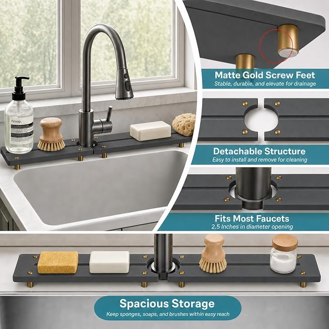 Stone Faucet Mat for Kitchen Sink, Water Absorbing Sink Tray Organizer for Bathroom Counter, Diatomite Soap Dish Coaster Caddy Riser, Sponge Holder Dispenser Mat, Gold Dark Gray, 23.6" x 4"