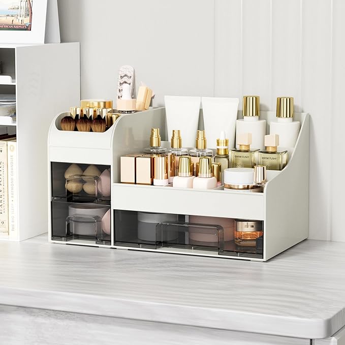 Makeup Organizer with Drawers, Large Cosmetic Storage Box, White transparent
