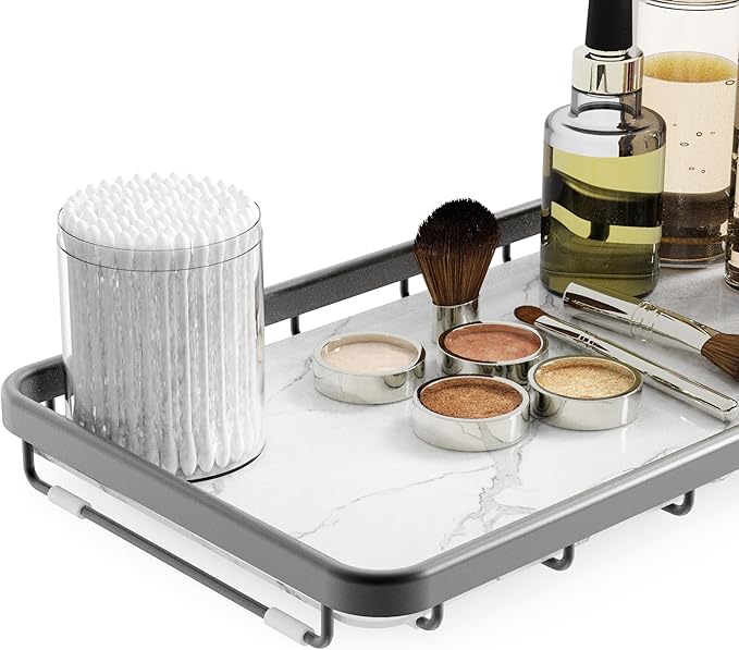 Counter Organizer for Bathroom, Kitchen or Coffee Bar, Metal Shelf with Faux Marble, Vanity Countertop Makeup Storage, Dresser Perfume Display Rack, Toilet Tank Tray (Matte Black, 1-Tier)