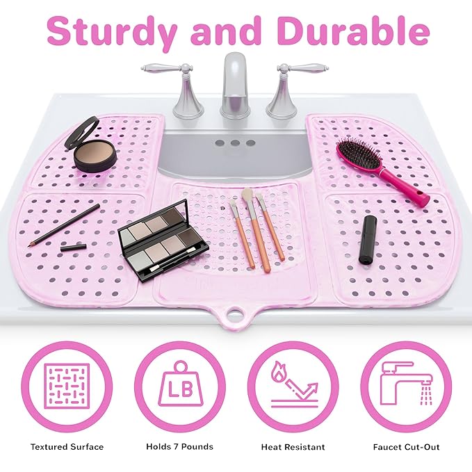 Sink Topper Bathroom Counter Cover & Storage Saver, Foldable Silicone Mat for Hot Tools, Hair Styling & Makeup, Beauty Brush Cleaning Mat, RV Camper Sink Cover & for Small Spaces (Large Pink)