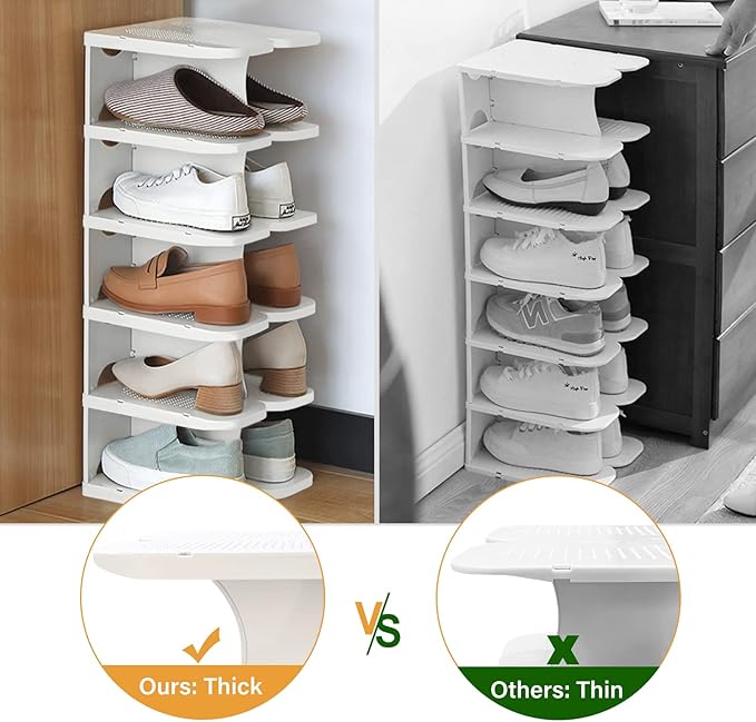 6-Tier Narrow Shoe Organizer, Adjustable Cubby Shoe Rack for Closet, Free Standing Shoe Slot Tower for Entrance, Stackable Space-Saving Shoe Storage Shelf for Entryway, White