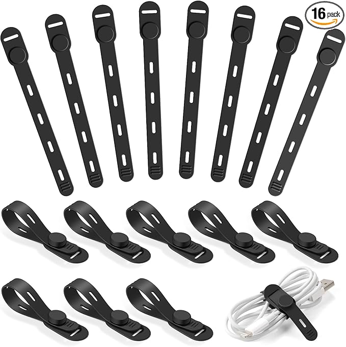 16Pcs Adjustable Silicone Cable Ties, Reusable Cord Organizer for Desk Setup, PC