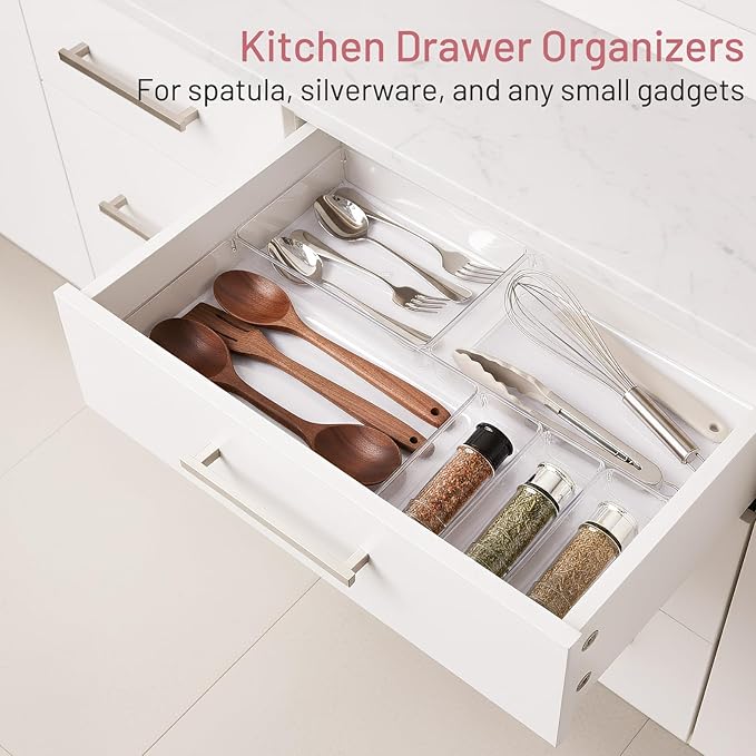 Drawer Organizer, 10 Pack Large Clear Plastic Organizer Bins 5 Sizes