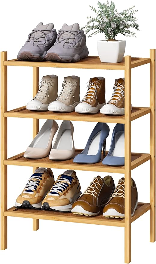 kiplant Small Shoe Rack, 4-Tier Bamboo Wood Shoe Rack for Entryway, Stackable Shoe Organizer for Hallway Closet, Free Standing Shoe Racks for Indoor & Outdoor