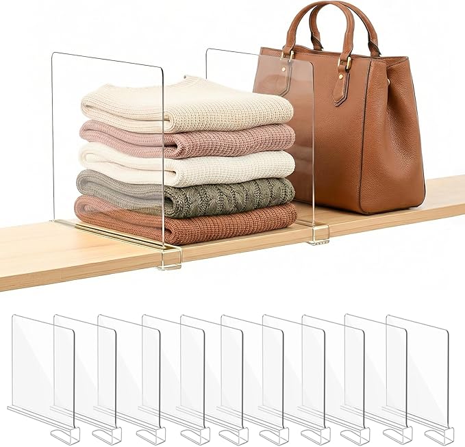 SortNStore Shelf Dividers Purse Organizer for Closet: 11-inch Tall(Extra Tall) Acrylic Sweater Organizer - Upgraded Extra Height for Large Handbags, Totes, Clothes, Towels on Wood Shelves 10-Pack