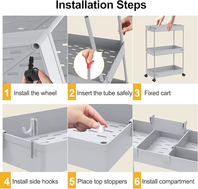 3 Tier Rolling Cart with Wheels, Gray
