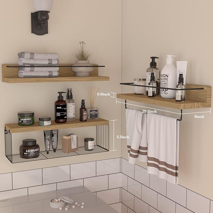 PopiShelves 22.5 inches Bathroom Shelves Over Toilet for Wall, Floating Shelves with Storage Basket Paper Holer for Kitchen Living Room, Bedroom & Classroom, Set of 3 (Nature Wood)