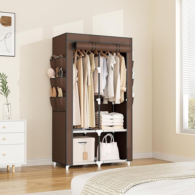 Portable Closet Wardrobe for Hanging Clothes with 4 Storage Shelves, Brown