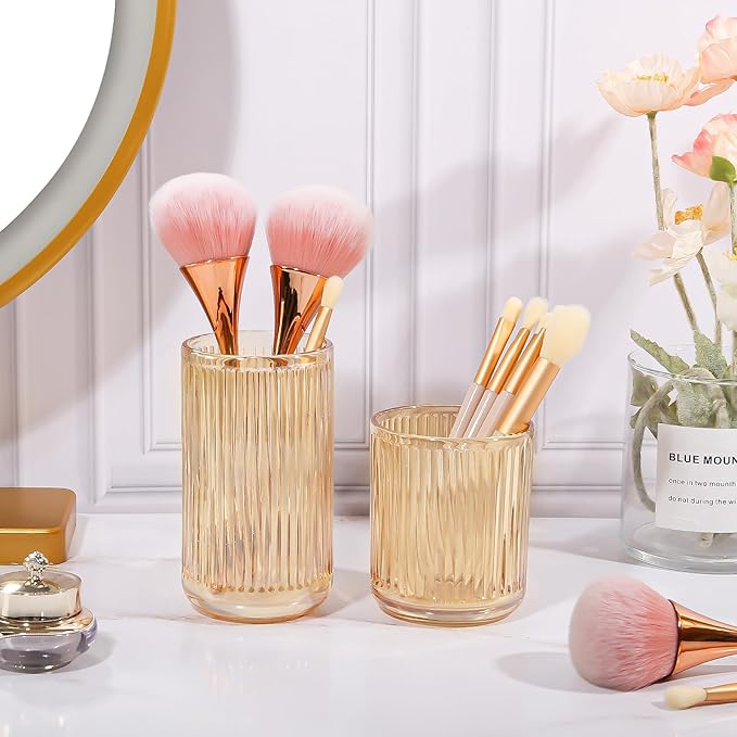 DASITON Makeup Brush Holder Organizer, Crystal Glass Makeup Brushes Storage Holder, Vintage Make Up Brush Cup for Vanity, Pen Pencil Holder for Desk, Toothbrush Holders for Bathroom (Coffee L)