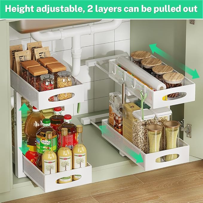 1 Pack Under Sink Pull Out Organizer, 2-Tier Adjustable Height Carbon Steel Storage Rack for Kitchen and Bathroom Cabinet, White