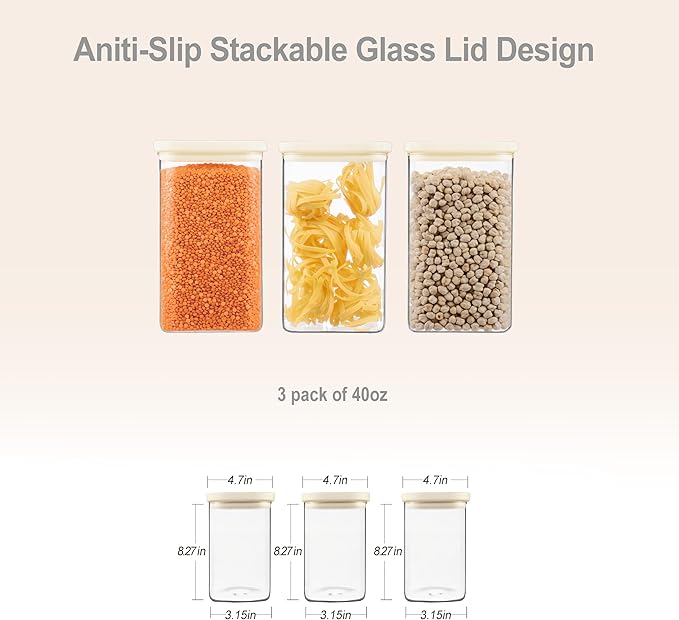 Urban Green Glass Food Storage Jar with Glass Lid in Ractangle Shape, Food Canister Set with Airtight Lids, Pantry Storage Jar for Kitchen Organization. Food Storage Containers in Pack of 3, 40oz.