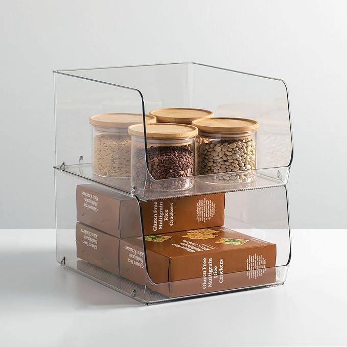 mDesign Wide Stackable Plastic Food Storage Organizer Bin Basket with Open Front for Household Kitchen Cabinets, Pantry, Offices, Closets, Bedrooms, Bathrooms - 10.2" Wide, 2 Pack - Clear
