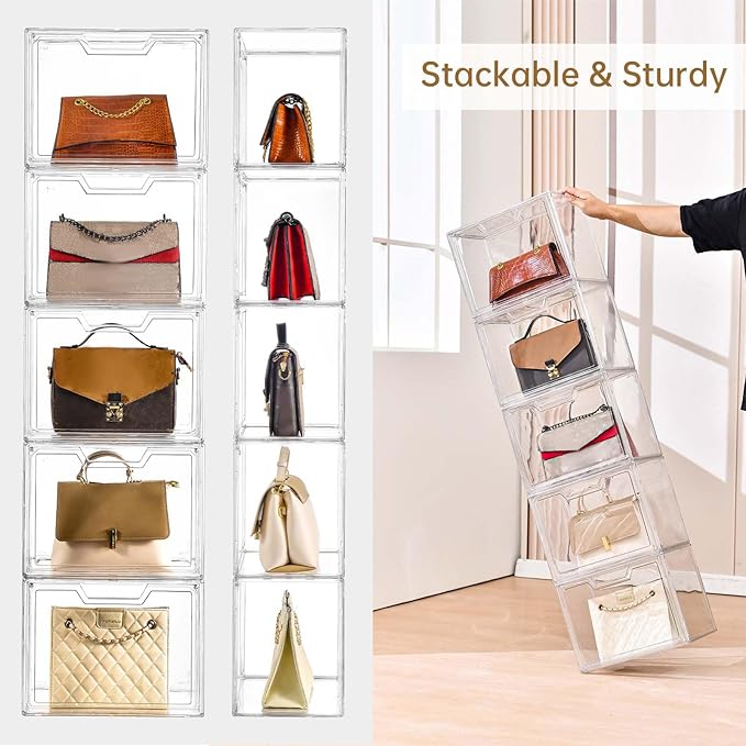 Freebat Stackable Storage Organizers Clear Acrylic Display Case, 5-Pack Acrylic Boxes with Lids, Clear Storage Containers Storage for Handbags, Collectibles & Figures
