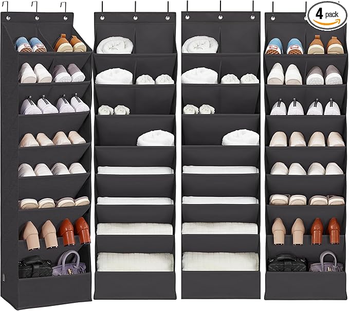 4 Pack Shoe Organizer with 6 Extra Large Pockets and 4 Large Pocket, Over the Door Sturdy Closet Storage Rack, Hanging Shoe Organizer for Shoes, Sneakers, Black