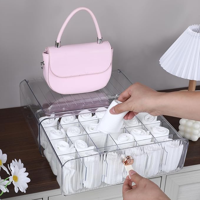 Dimeho 24 Cell Plastic Sock Organizer Underwear Drawer Organizer Acrylic Stackable Storage Drawer Underwear Storage Box with Dividers for Panties Closet Bra Baby Clothes Belts Ties Scarf