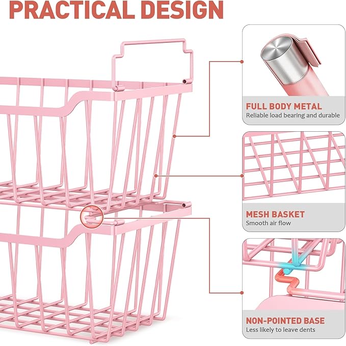 Goovilla Freezer Organizer Bins with Foldable Handle, 4 Pack Stackable Freezer Baskets for 3.5-7 Cu.FT Deep Chest Freezer Organization, Pink Metal Freezer Storage Bins with Better Space Utilization