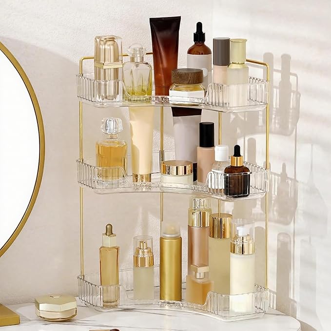 Corner Bathroom Countertop Organizer, Vanity Trays for Counter, Clear, 3 Tiers