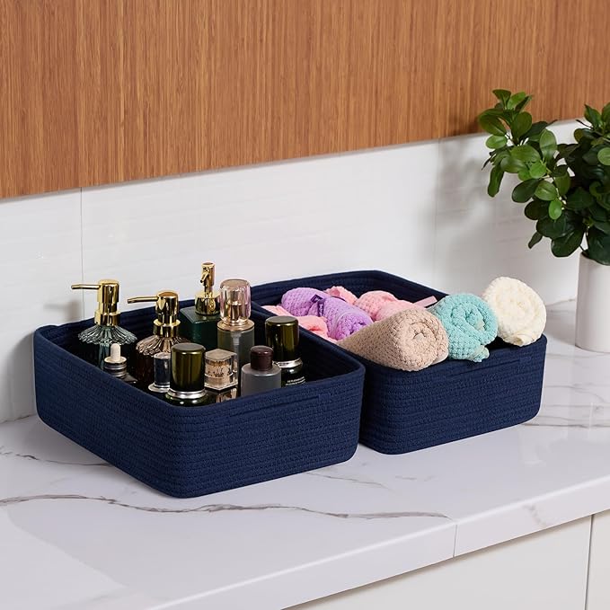 MiniArk Large Shallow Organizing Baskets 15x11x5.1 Inches - Rope Woven Storage Bins for Bathroom, Shelves, Cube Closet, Navy Blue 3 Packs