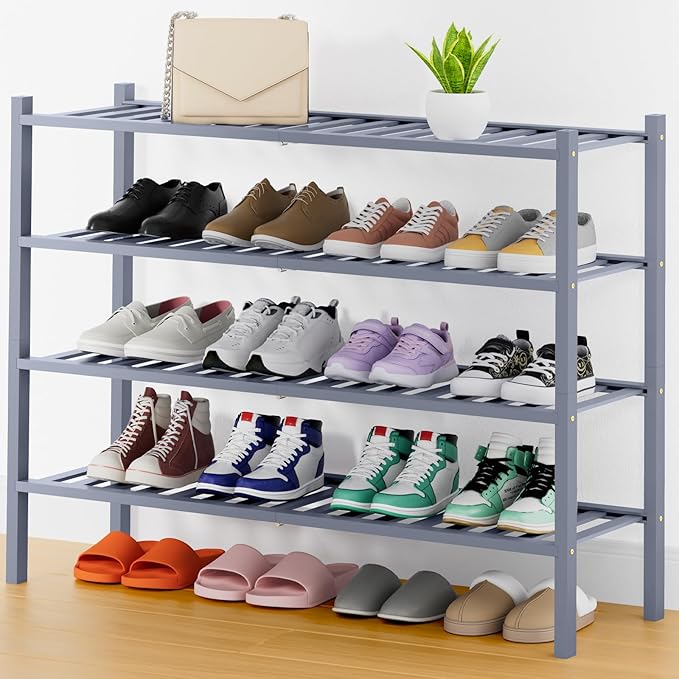 Smiry Long Bamboo Shoe Rack, 4 Tier Free Standing Wooden Shoe Organizer, Stackable Wood Shoe Storage Shelf for Closet, Entryway, 14 Vertical Slats, 2+2 Stack Heavy-Duty Legs, 33.7"x11"x26", Grey