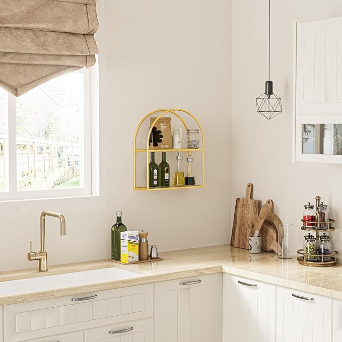Crofy Gold Arched Frame Wall Shelf, Decorative 2 Tier Bathroom Wall Shelf with Transparent Tempered Glass Shelves and Robust Storage Capacity, 5.1" D x 17.9" W x 19.18" H