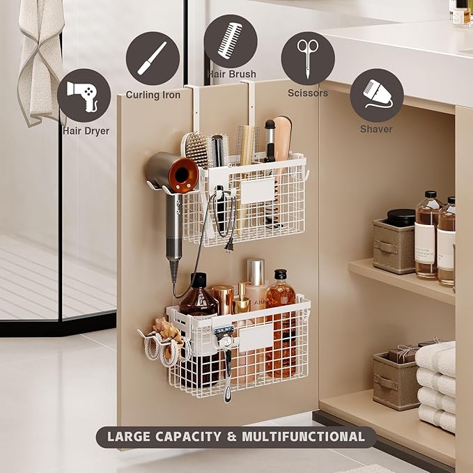 Magheo Hair Dryer Holder Cabinet Door 3-in-1 Adhesive Hair Tool Organizer Wall Mounted Adjustable Height Blow Dryer Holder Under Sink Bathroom Hair Appliance Organizer and Storage Countertop(White)