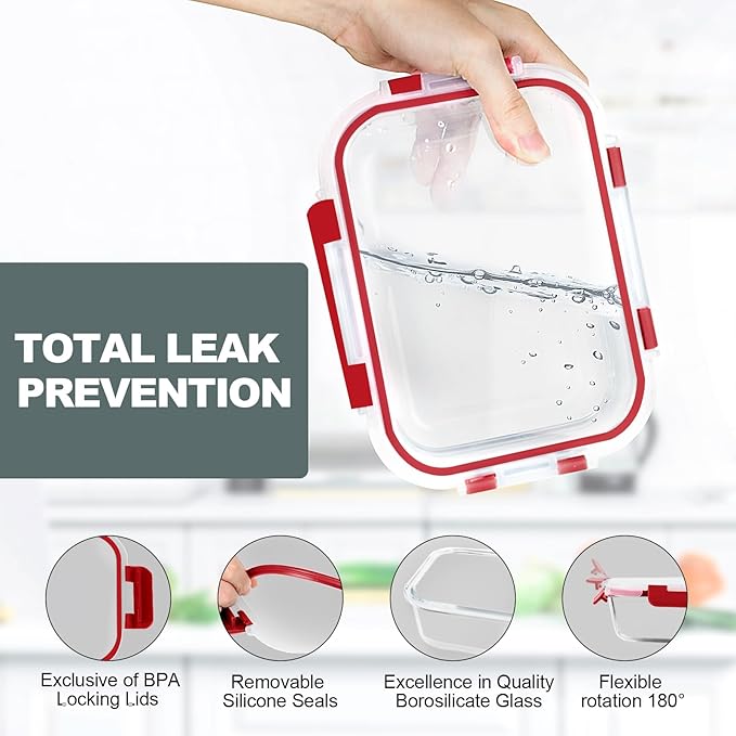 10 Pack 22 OZ Glass Meal Prep Containers, Red