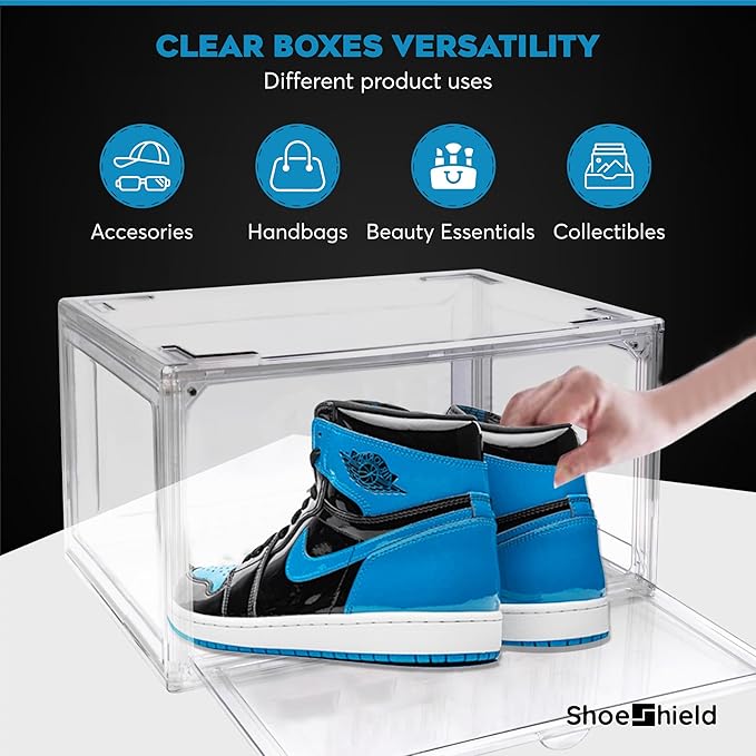 Ultra All Clear Shoe Boxes Plastic Stackable Professional Grade Shoe Display Case with Magnetic Side Drop Door Open Easy Assembly Modern Shoe Sneaker Display Case Fits US Size 14
