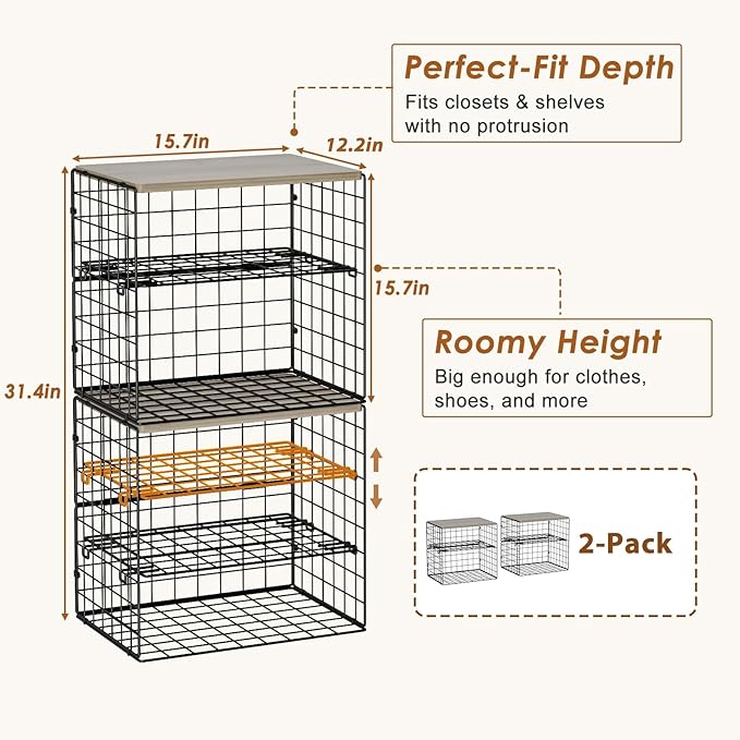 4-Tier Widened Closet Organizers and Storage, Extra Long Stackable Closet Shelf Organizer with Adjustable Dividers and Wood Top, Large Closet Storage Basket for Clothes, Jeans, Wardrobe Organization