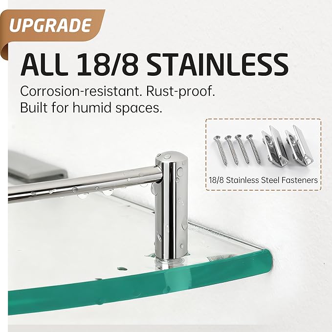 KES Glass Corner Shelf with Hooks 18/8 Stainless Steel, Tempered Glass Bathroom Corner Shelf with Rail, Shower Glass Shelf 2 Pack Wall Mounted, Polished Finish, BGS2101A-P2