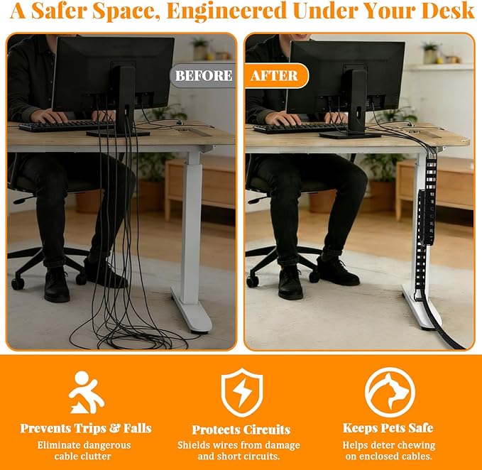 Standing Desk Cable Management Spine - Under Desk Cable Management Snake with Magnetic Mount, Flexible PA66 Nylon Vertebrae Cord Organizer Raceway, Adjustable Length for Office, Gaming, Sit-Stand Desk