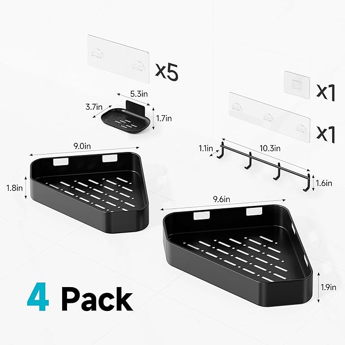 Veken Aluminum Corner Shower Caddy 4-Pack, Never Rust, No Drilling Adhesive Shelves, Stainless Rack with Soap Holder, Bathroom Organizers and Storage, Wall-Mounted Kitchen & Home Decor, Black