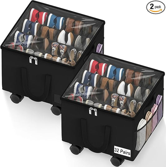 2 Pack Large Shoe Organizer for Closet, Adjustable Dividers Shoe Storage Box Bins with Wheels Clear Cover Reinforced Handle Side Pocket Fits up to 32 Pairs, Foldable Shoe Organizer for Entryway Black