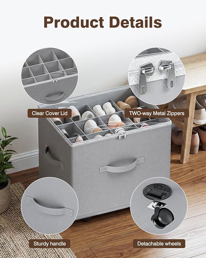 Shoe Organizer for Closet,House Again 2 Pack Shoe Storage Organizer with Wheels, Foldable Shoe Storage Box with Adjustable Dividers and Clear Cover, Reinforced Handles, Fits up to 12-24 Pairs, Gray
