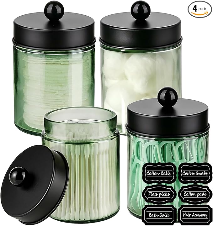Amolliar 4 Pack Apothecary Jars Bathroom Vanity Storage Organizer Set -Countertop Canister with Stainless Steel Lids &Stickers Qtip Dispenser Holder for Cotton Swab (Green-black Lid)