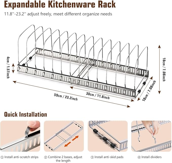 Housolution Cutting Board Organizer Rack, Expandable Baking Tray and Cookie Sheet Organizer with 14 Adjustable Dividers, Bakeware Muffin Tin Cupcake Pan Storage Organizer for Cabinet, Silver