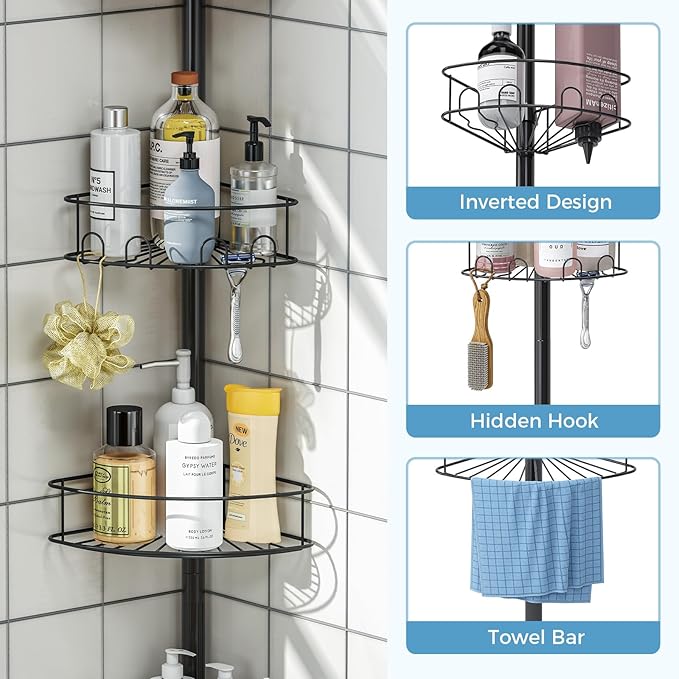 Corner Shower Caddy Tension Pole，4 Tier Adjustable Bathroom Organizer