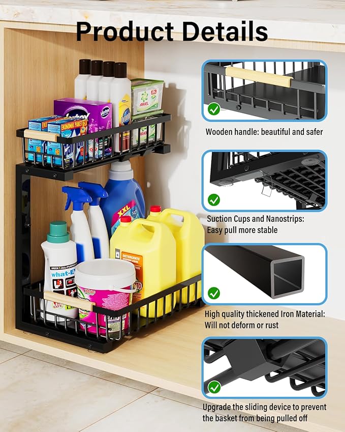 Under Sink Organizer Storage for Families, Black,2 Pack