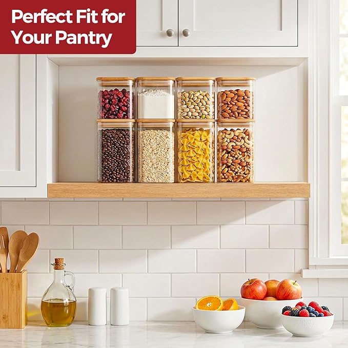 6-Pack Square Glass Pantry Storage Containers with Lids, Airtight Stackable Pantry Organization and Storage Set (1.6 Qt/1 Qt) for Snacks, Cereal & Coffee