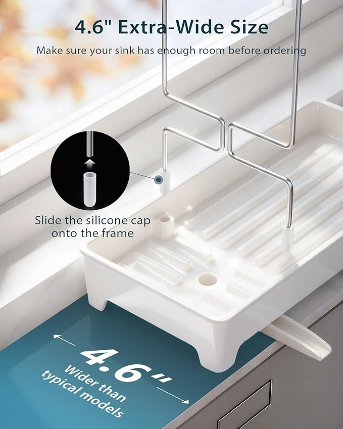 Plastic Sink Caddy, Rustproof Sponge Holder for Kitchen Sink with 304 Stainless-Steel Brush Holder, Countertop Rack Organizer with Raised Ridges & Silicone Drain Tube (Cream White, Large)
