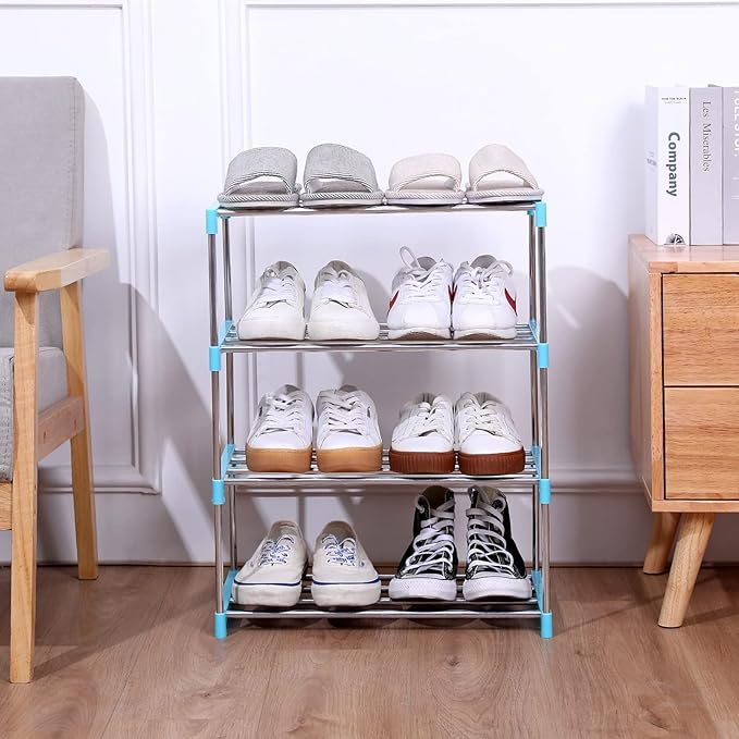 Jucaifu Stackable Small Shoe Rack, Entryway, Hallway and Closet Space Saving Storage and Organization (3-Tier, Blue)