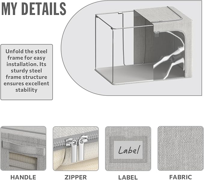 4 Pack Clothes Storage Bins with Metal Frame - 66L Stackable Storage Box with Lid，Foldable Storage Container Organizer for Clothes，Linen Fabric Storage Box with Clear Window＆Zippers＆Handles