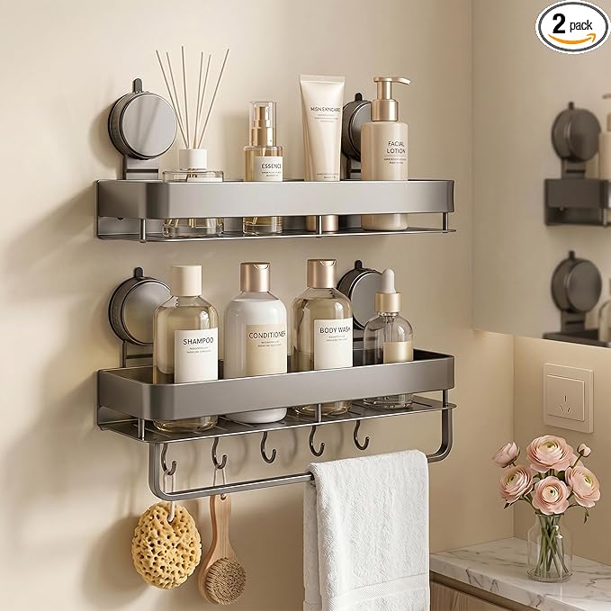 Wide Aluminum Suction Cup Shower Caddy(2-Pack Gray),Shower Shelves for Bathroom Wall,Wall Mounted Bathroom Shelves with Towel Bar & Hooks