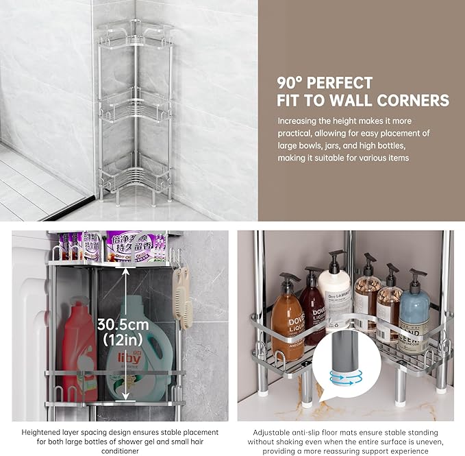 Standing Shower Corner Caddy, 3-Tier Stainless Steel Material Shower Organizer with 12 Hooks - Space Saving Corner Shelf with Adjustable Feet for Bathroom, Compact Spaces(Sliver, 3 Tiers)
