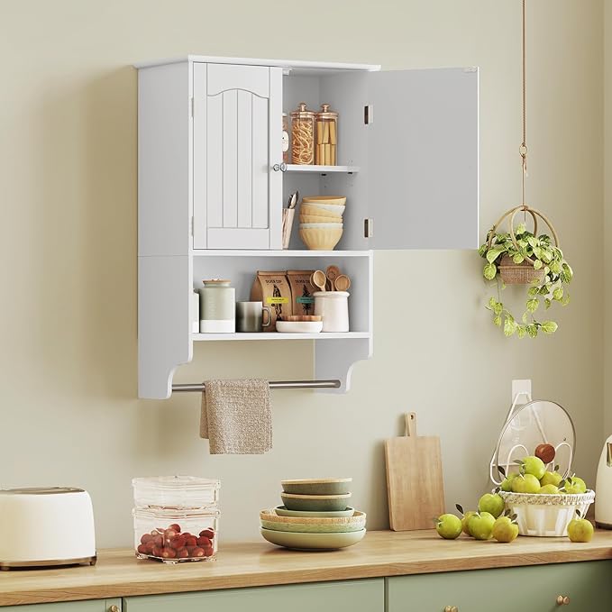 TEENFON Medicine Cabinet with Adjustable Shelves and Towel Rack, Wall Mounted Bathroom Cabinet Over the Toilet Storage for Bathroom, Living Room, White