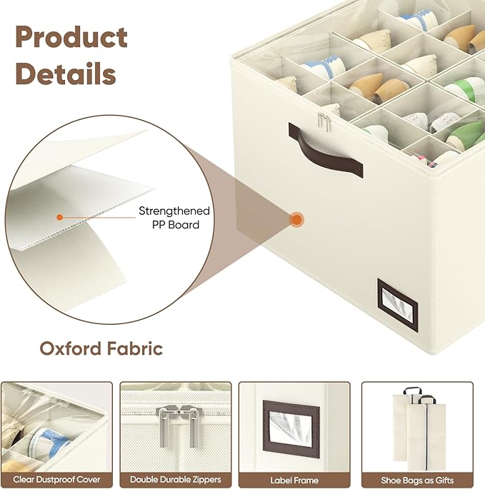 OIAHOMY 2 Pack Shoe Organizer for Closet, Large Foldable Shoe Storage Bins with Dividers and Reinforced Handles, Each Clear Cover Sneaker Box Fits Up to 16 Pairs for Entryway and Bedroom, Beige