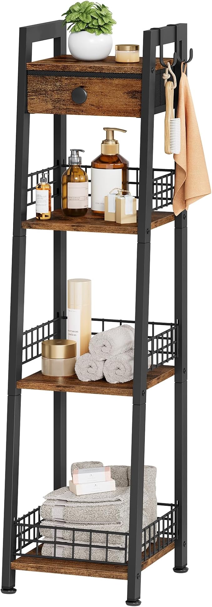 4-Tier Narrow Ladder Shelf with Drawer, Bathroom Table Stand for Small Space