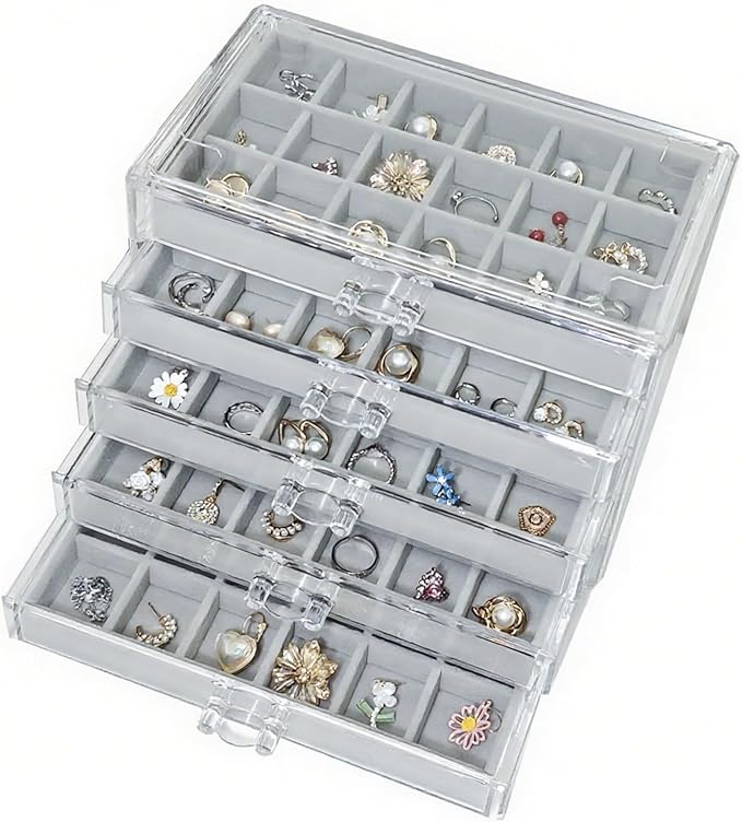 Acrylic Earring Holder Organizer with 5 Drawers Clear Earring Organizer Box with 90 Adjustable Grids Velvet Earring Display Case Jewelry Organizer for Earrings Rings Studs (Grey)