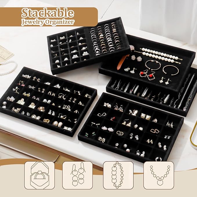 Large Velvet Jewelry Tray 2 Pack Stackable Jewelry Display Drawer Inserts Trays Organizer for Earring Bracelet Necklace Ring (Black, Ring and 24 Grids)
