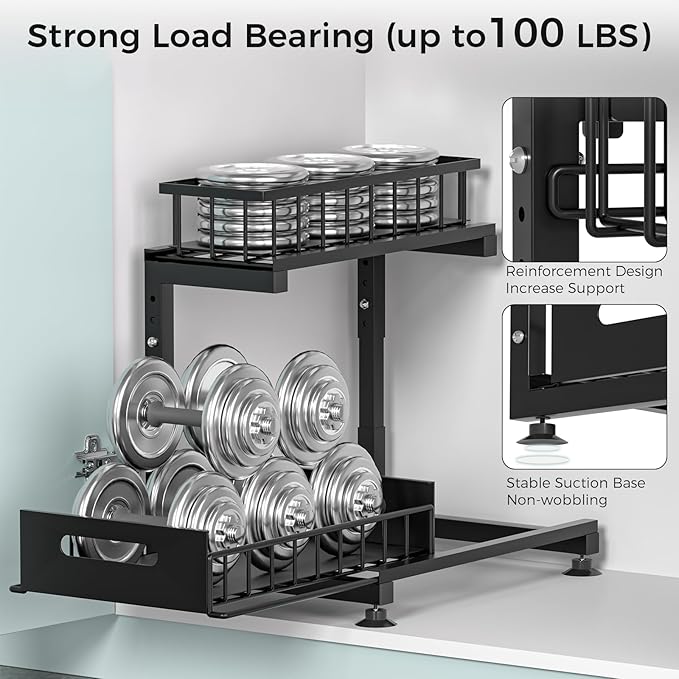 Saydear Under Sink Organizer, 2-Tier Premium Metal Pull-Out Racks with Adjustable Height, Heavy Duty Sliding Bin for Bathroom and Kitchen Cabinet Storage, Rust Resistant 1 Pack Black